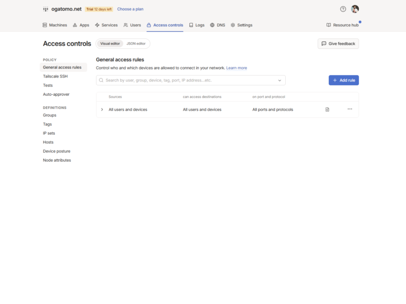 Tailscale管理コンソールのAccess controlsページ。全ユーザーとデバイスが全ポートとプロトコルで相互通信可能なデフォルトのアクセスルールが表示されている。