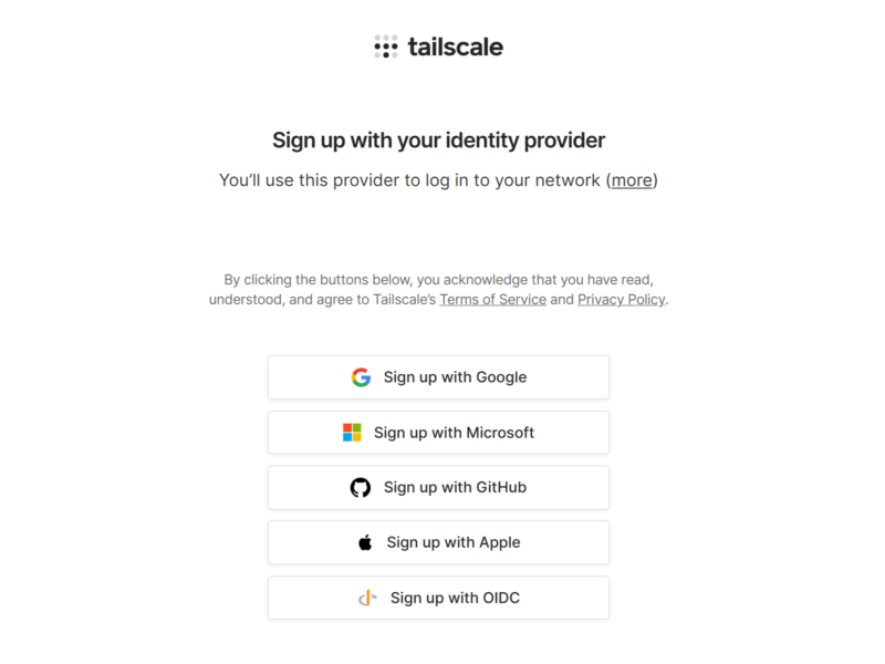 Tailscaleのサインアップ画面。Google、Microsoft、GitHub、Apple、OIDCのアカウントで登録するボタンが表示されている。