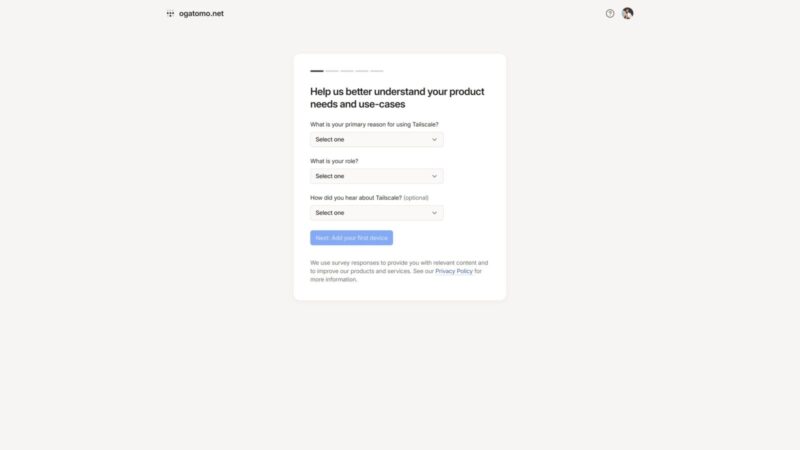 Tailscaleの初期設定時に表示される、製品の用途や役割を尋ねるアンケート画面。